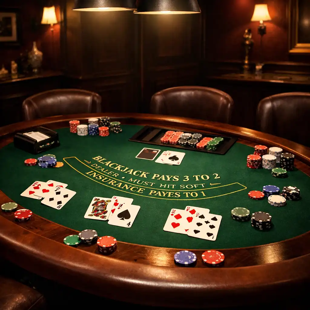 Stół do blackjacka w ciemnym, eleganckim wnętrzu z rozłożonymi kartami