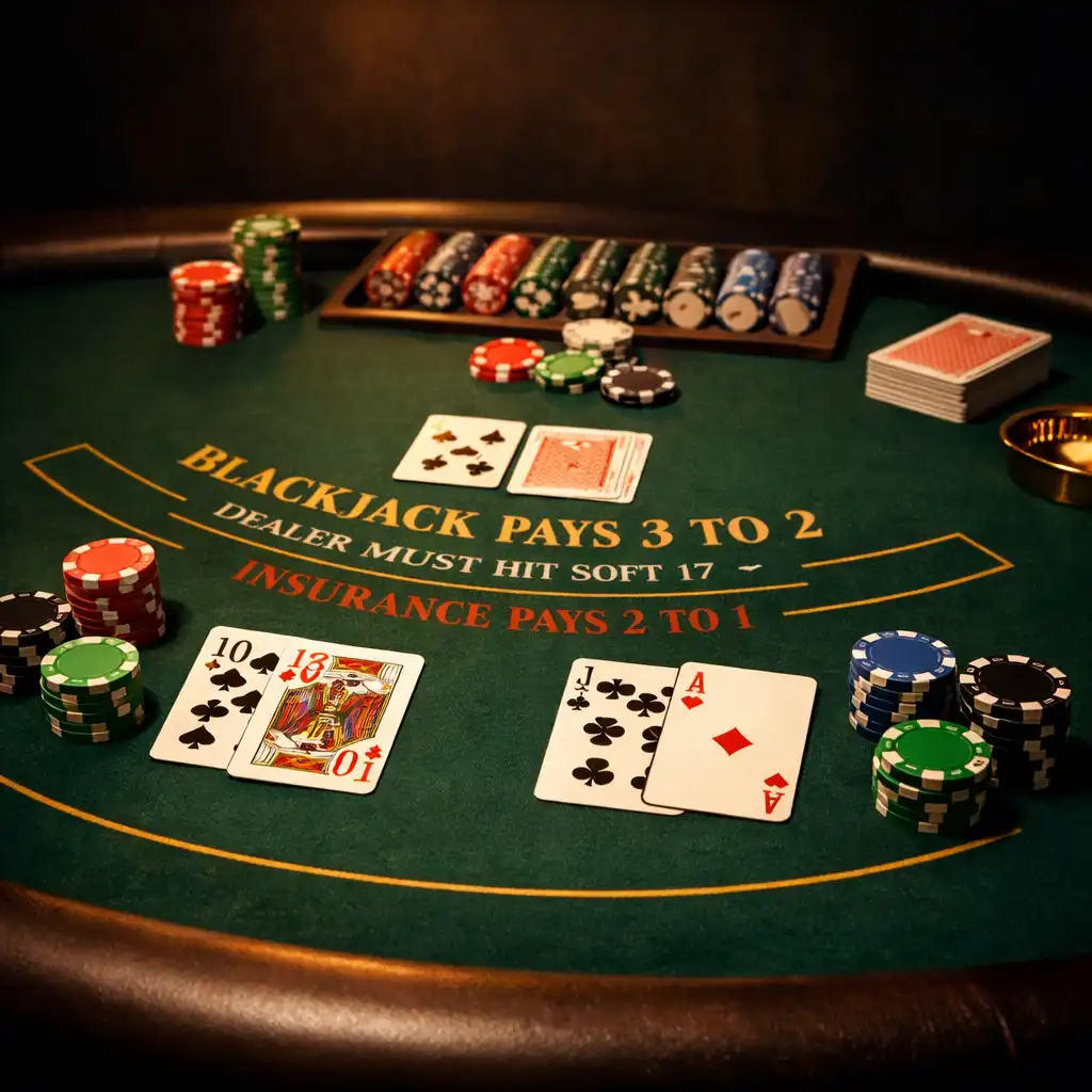 Stół do blackjacka z kartami i żetonami