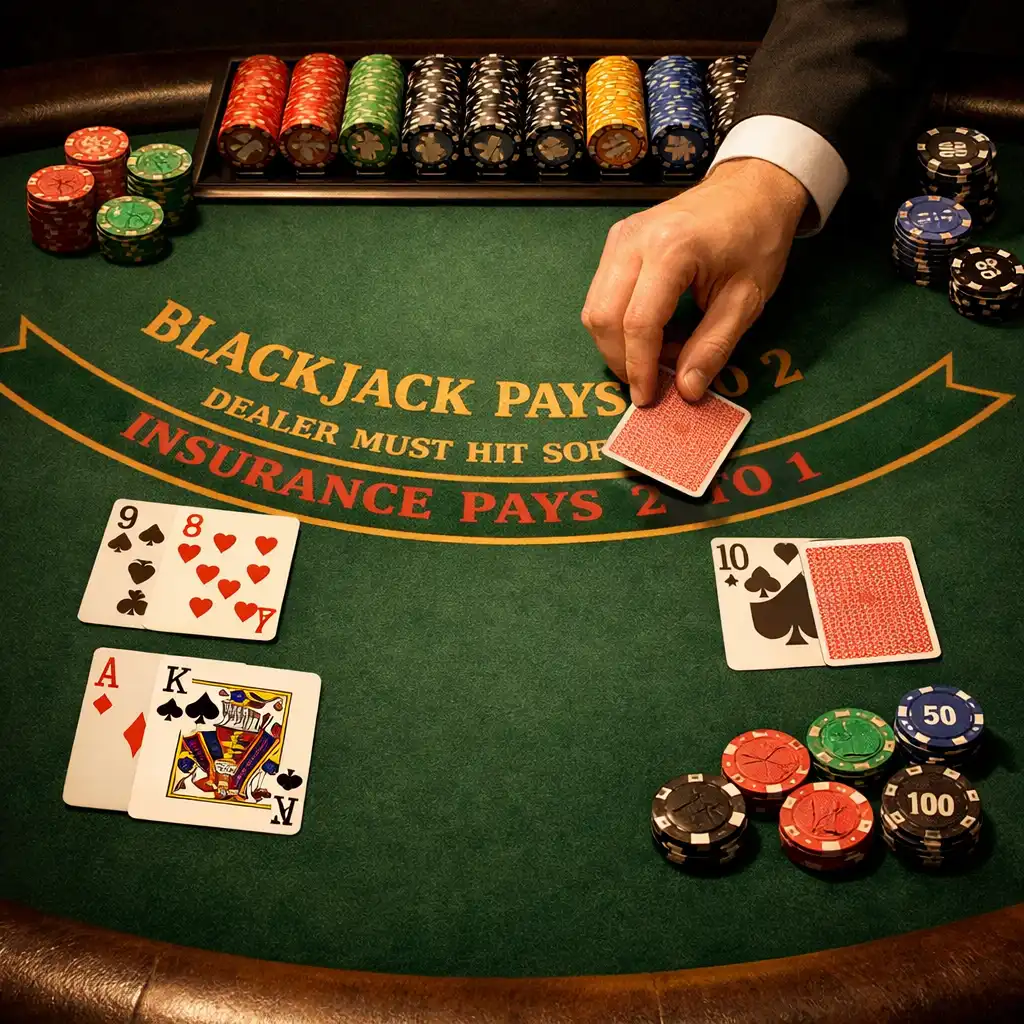 Stół do blackjacka z kartami na stole i ręką krupiera
