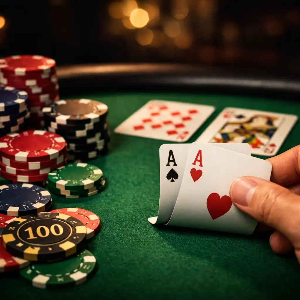 Zbliżenie na stół pokerowy z kartami i kolorowymi żetonami