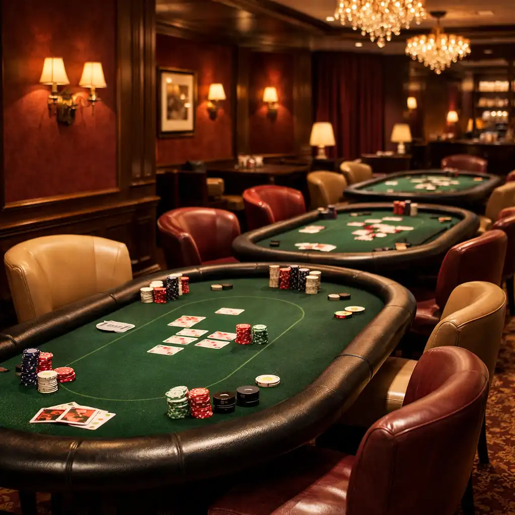 Wnętrze przestrzeni kasynowej z rzędem stołów pokerowych i ciepłym oświetleniem
