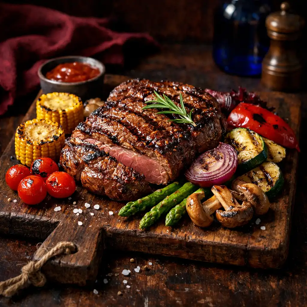 Grillowany stek z warzywami na drewnianej desce