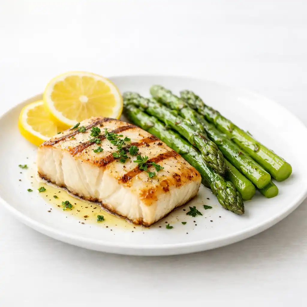 Grillowany halibut z cytryną i szparagami