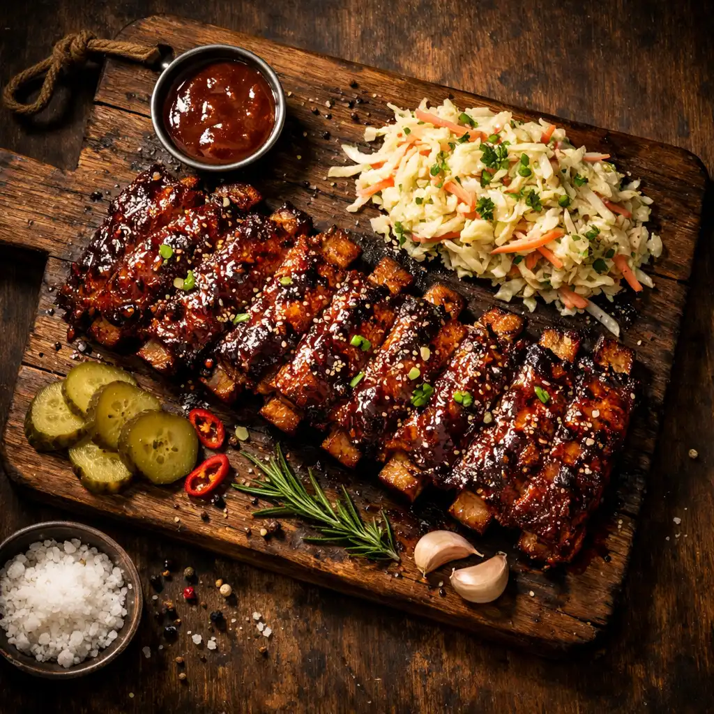 Żeberka wieprzowe w glazurze barbecue z surówką coleslaw