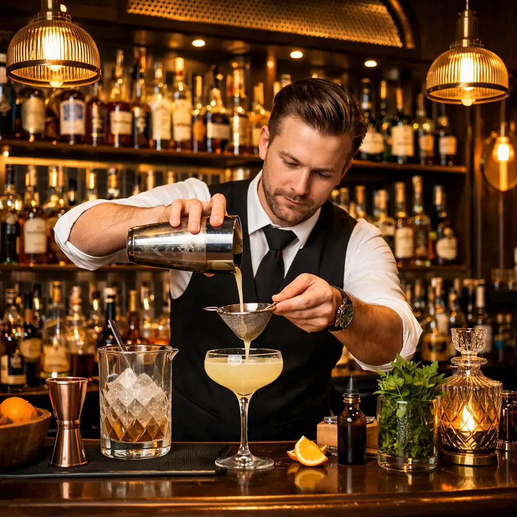 Bar z szerokim wyborem alkoholi i barmanem