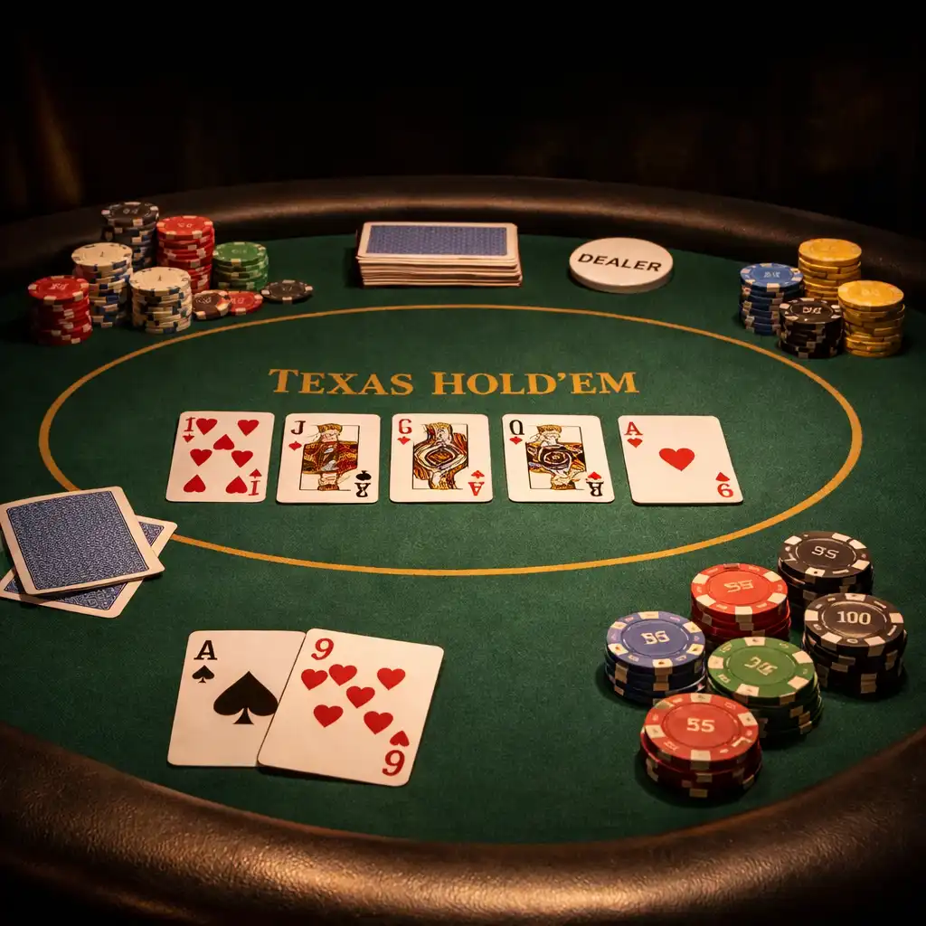 Profesjonalny stół pokerowy z kartami i żetonami