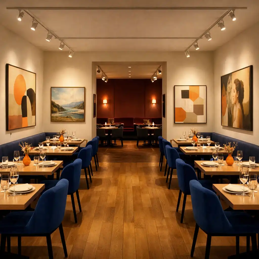 Eleganckie wnętrze restauracji Food Gallery House z ciepłym oświetleniem i kobaltowymi akcentami