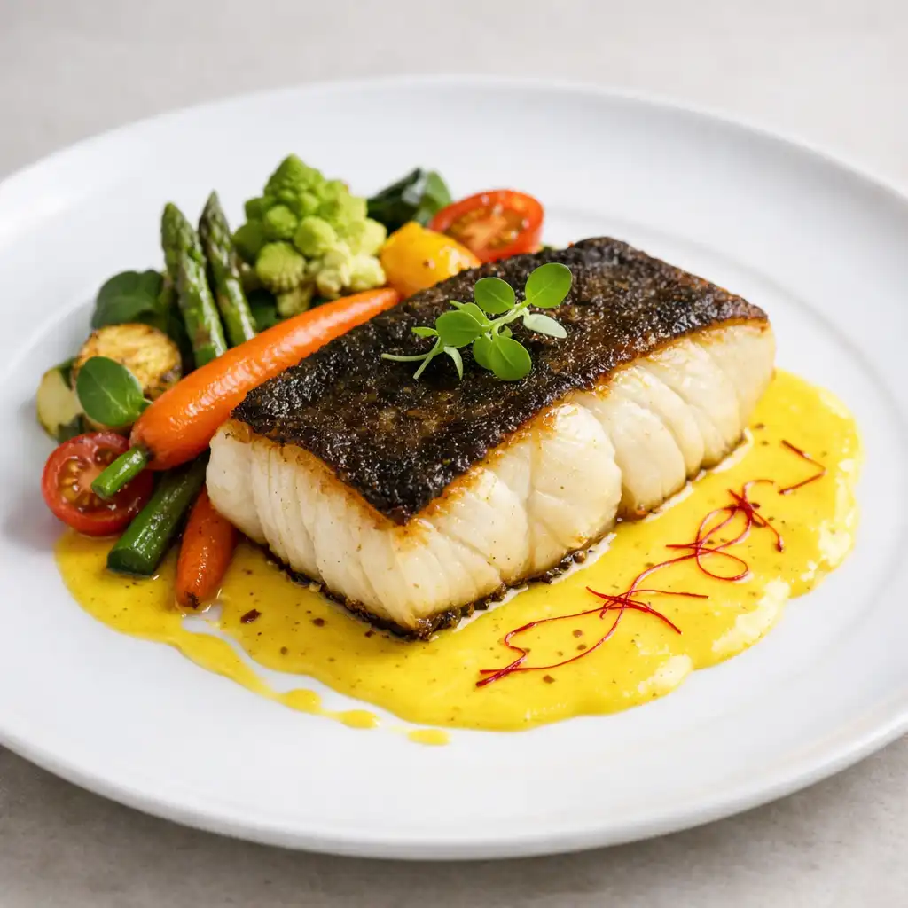Halibut z sosem szafranowym i warzywami