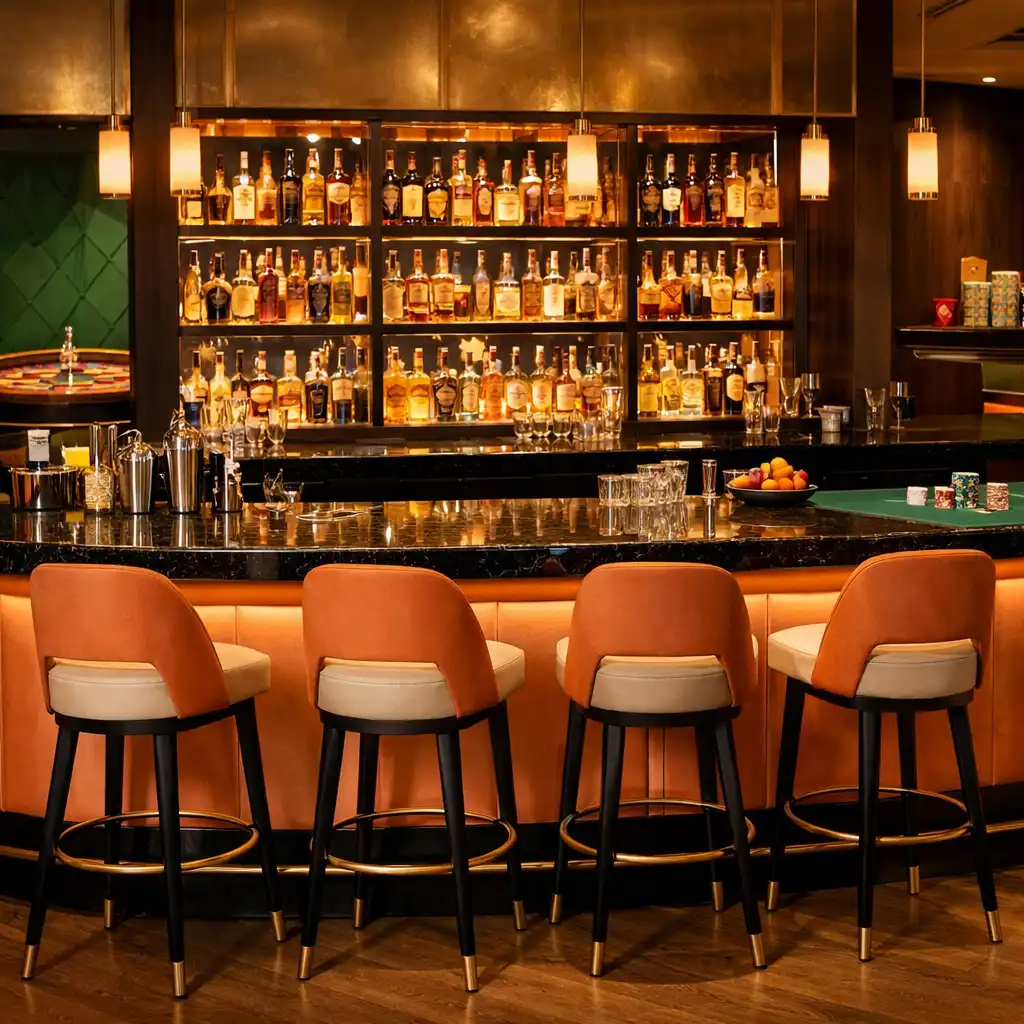 Bar Food Gallery House z podświetlanymi półkami pełnymi butelek i eleganckim blatem