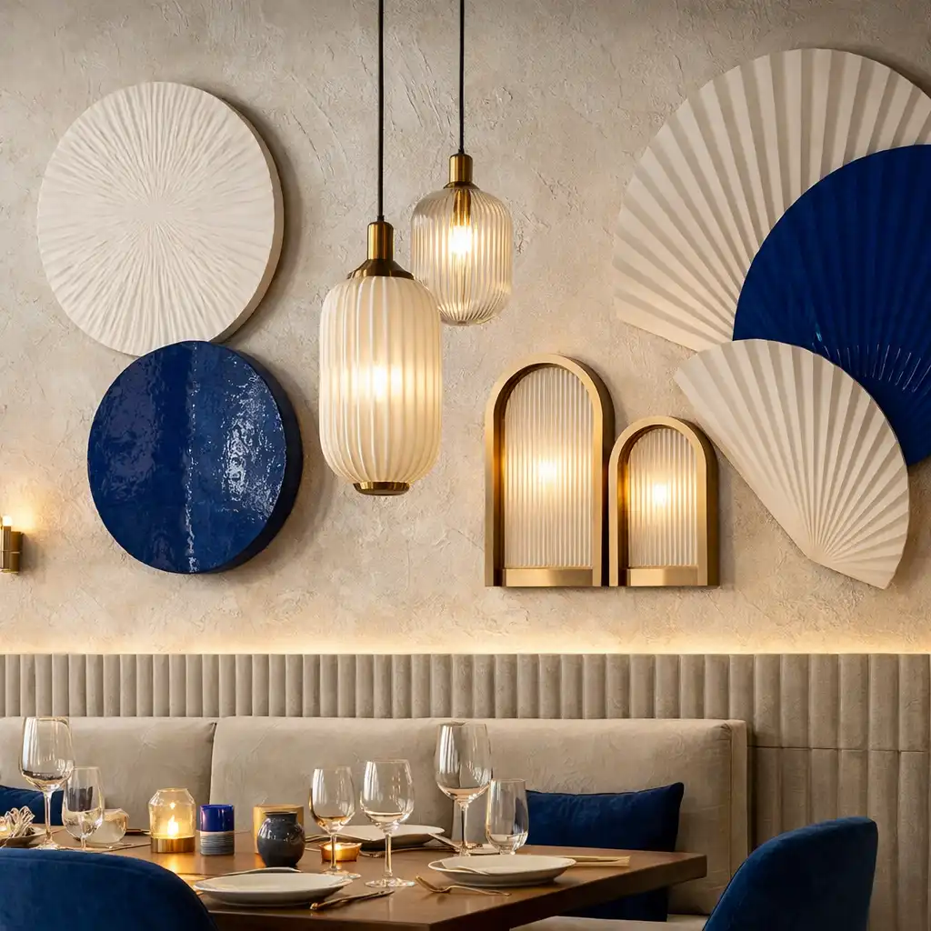 Dekoracje ścienne i designerskie lampy w sali restauracyjnej Food Gallery House
