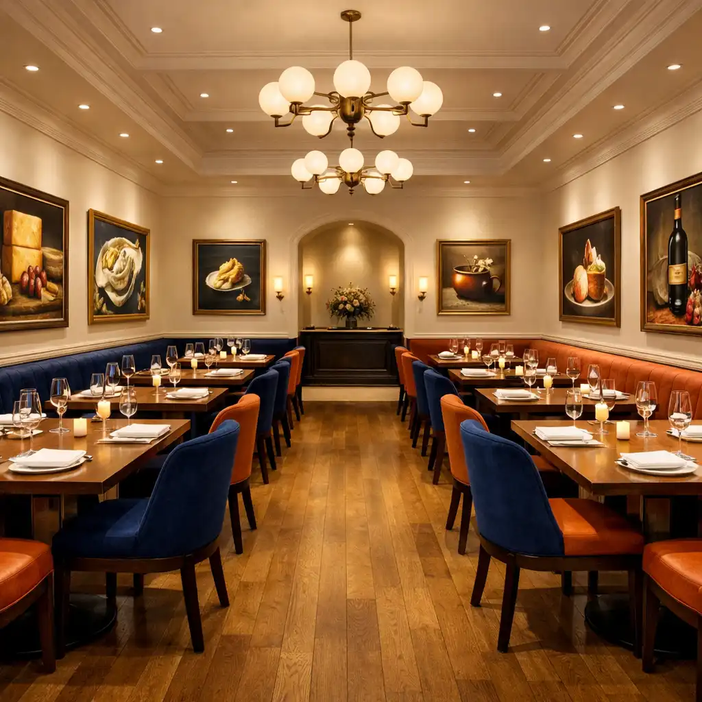 Elegancka sala restauracyjna Food Gallery House z ciepłym oświetleniem i designerskimi stołami